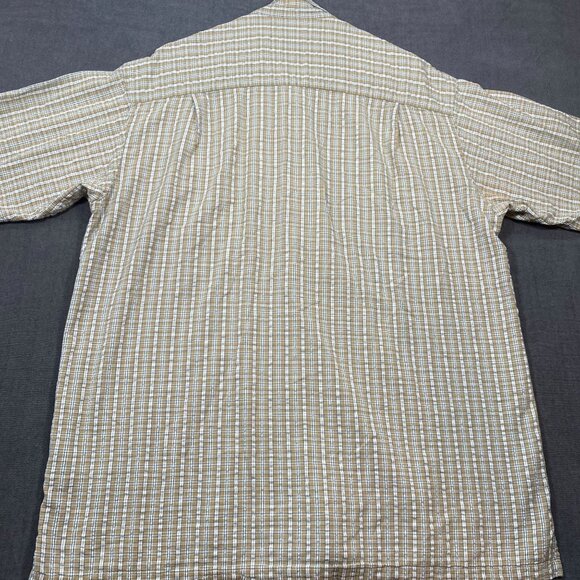 Columbia Mens XL Short-Sleeve Plaid Button-Up Shirt Beige & White 100% Cotton - Picture 2 of 12